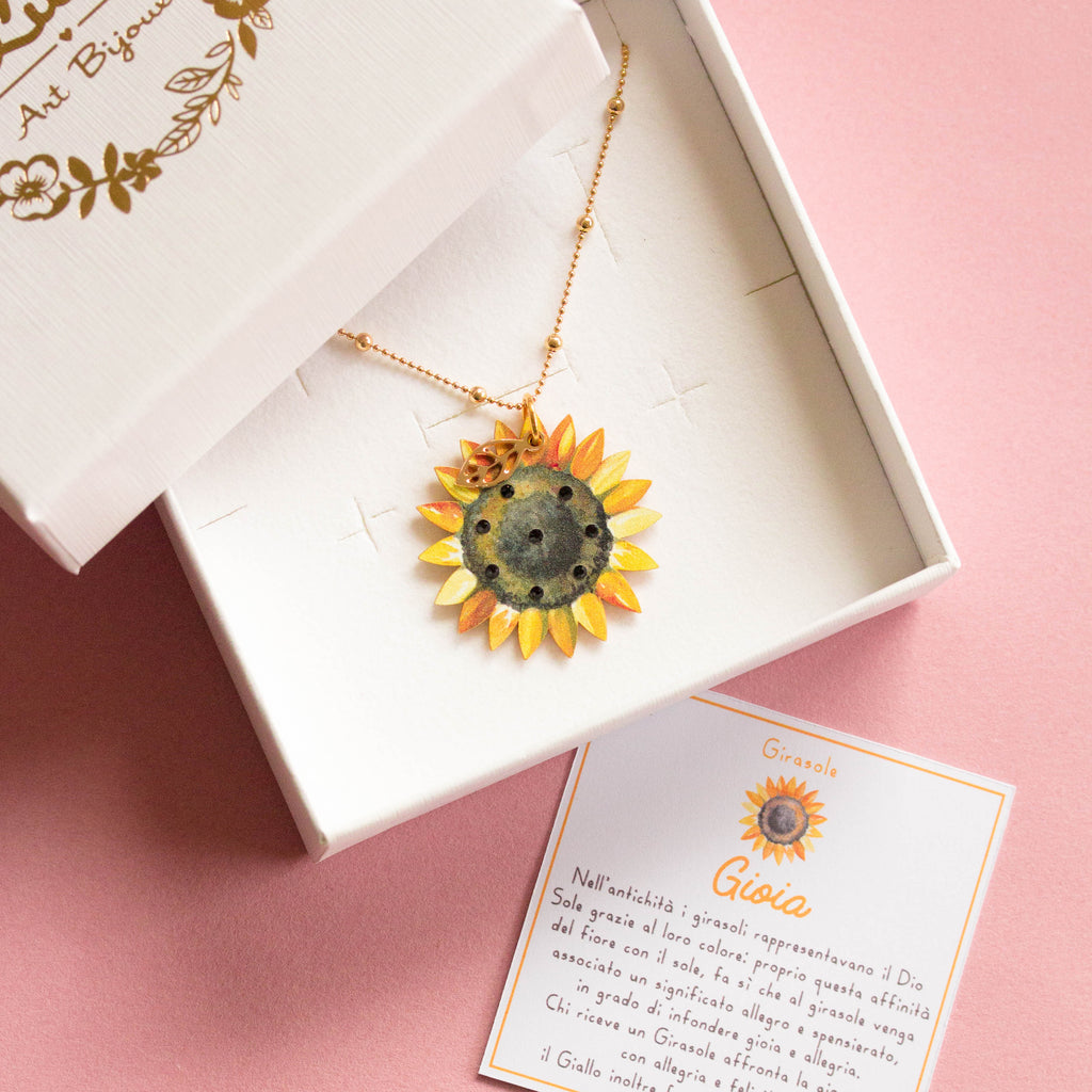 Collana In Madreperla Con Girasole Dipinto A Mano – Ciondolo Grande – Artigianale - Foto 3